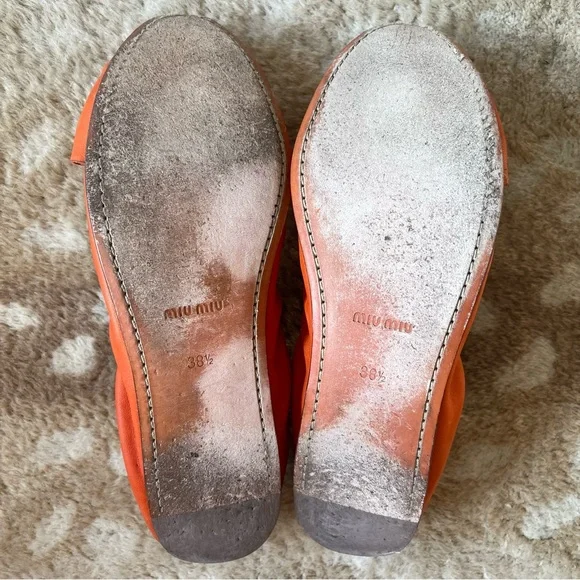 Miu Miu Leather Knotted Bow Elasticized Scrunch Ballet Flat In Orange Sz 38 1/2 - Picture 8 of 14